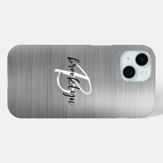 Silver Brushed Metal Black White Script Monogram  Case-Mate iPhone Case (Achterkant (horizontaal))