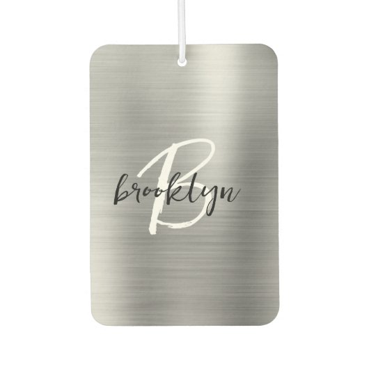 Silver Brushed Metal Black White Script Monogram  Luchtverfrisser (Voorkant)