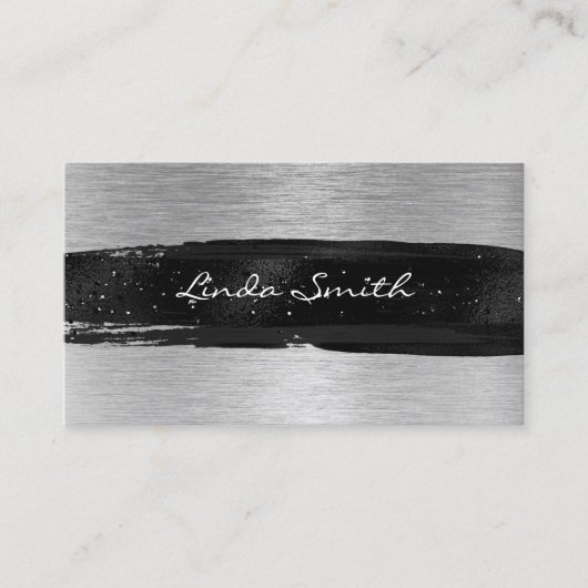 Silver Brushed Metal Folie Black Brush Stroke Visitekaartje (Voorkant)