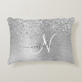 Silver Brushed Metal Glitter Monogram Name Accent Kussen