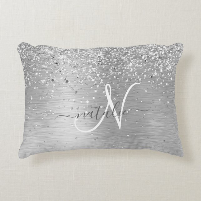 Silver Brushed Metal Glitter Monogram Name Accent Kussen (Voorkant)
