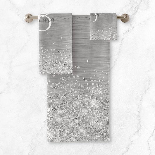Silver Brushed Metal Glitter Monogram Name Bad Handdoek