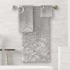 Silver Brushed Metal Glitter Monogram Name Bad Handdoek