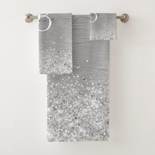 Silver Brushed Metal Glitter Monogram Name Bad Handdoek (Insitu)