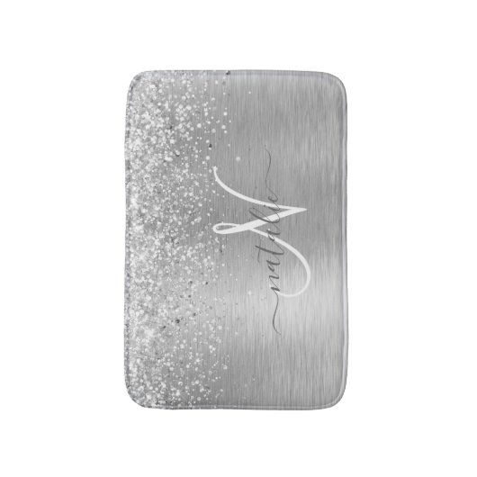 Silver Brushed Metal Glitter Monogram Name Badmat (Voorkant Verticaal)
