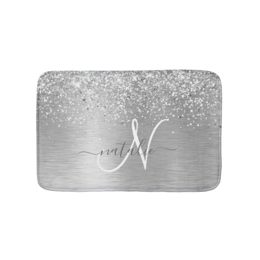 Silver Brushed Metal Glitter Monogram Name Badmat (Voorkant)