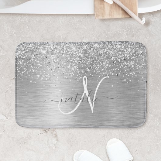 Silver Brushed Metal Glitter Monogram Name Badmat