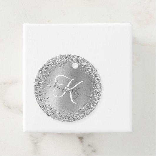 Silver Brushed Metal Glitter Monogram Name Bedankjes Labels (In situ)