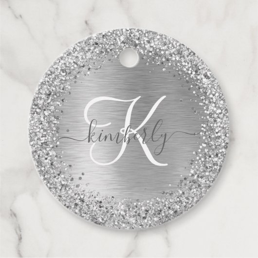 Silver Brushed Metal Glitter Monogram Name Bedankjes Labels (Voorkant)