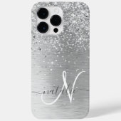 Silver Brushed Metal Glitter Monogram Name Case-Mate iPhone Case (Achterkant)