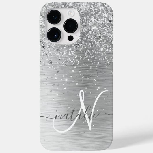 Silver Brushed Metal Glitter Monogram Name Case-Mate iPhone Case (Achterkant)