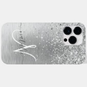 Silver Brushed Metal Glitter Monogram Name Case-Mate iPhone Case (Achterkant (horizontaal))