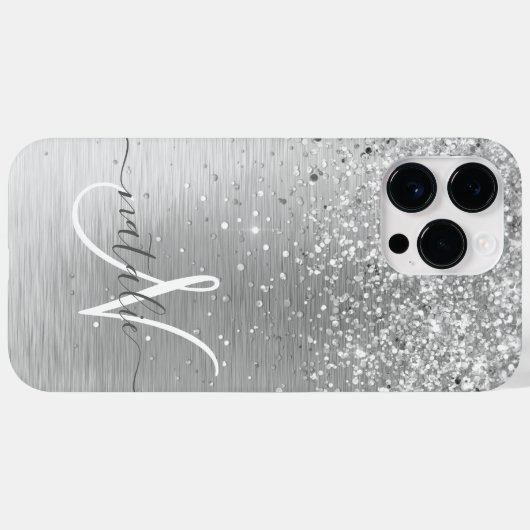 Silver Brushed Metal Glitter Monogram Name Case-Mate iPhone Case (Achterkant (horizontaal))