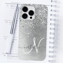 Silver Brushed Metal Glitter Monogram Name