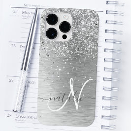 Silver Brushed Metal Glitter Monogram Name Case-Mate iPhone 14 Pro Max Hoesje