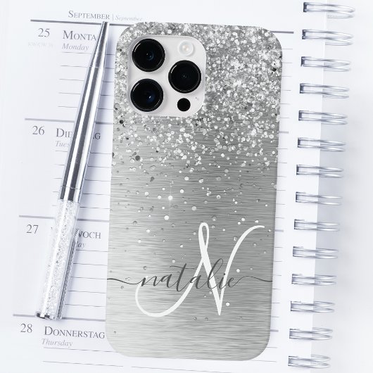 Silver Brushed Metal Glitter Monogram Name Case-Mate iPhone Case