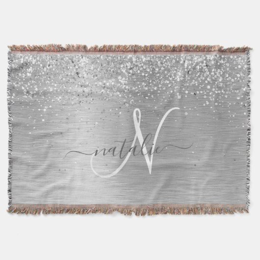 Silver Brushed Metal Glitter Monogram Name Deken (Voorkant)