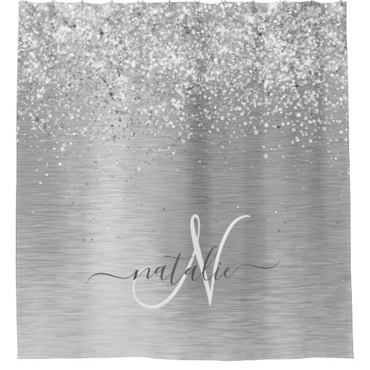Silver Brushed Metal Glitter Monogram Name Douchegordijn (Voorkant)