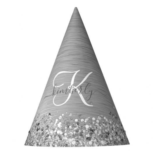 Silver Brushed Metal Glitter Monogram Name Feesthoedjes (Voorkant)
