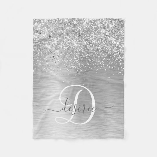 Silver Brushed Metal Glitter Monogram Name Fleece Deken (Voorkant)
