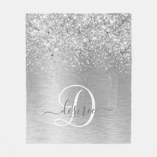 Silver Brushed Metal Glitter Monogram Name Fleece Deken (Voorkant)