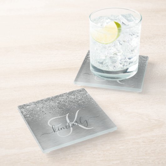Silver Brushed Metal Glitter Monogram Name Glazen Onderzetter (Schuin)