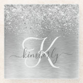 Silver Brushed Metal Glitter Monogram Name Glazen Onderzetter (Voorkant)