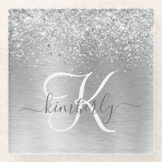 Silver Brushed Metal Glitter Monogram Name Glazen Onderzetter (Voorkant)