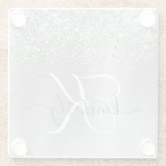 Silver Brushed Metal Glitter Monogram Name Glazen Onderzetter (Achterkant)