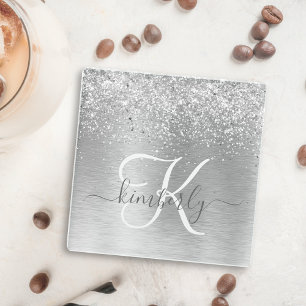 Silver Brushed Metal Glitter Monogram Name Glazen Onderzetter