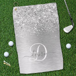 Silver Brushed Metal Glitter Monogram Name Golfhanddoek<br><div class="desc">Pas dit trendy ontwerp van golfhanddoeken met  zilveren mousserende glitter op een zilveren geborstelde metalen achtergrond eenvoudig aan.</div>