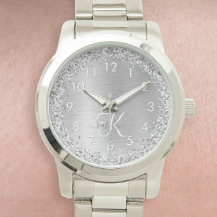 Silver Brushed Metal Glitter Monogram Name Horloge