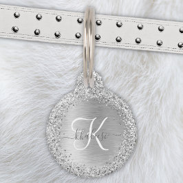 Silver Brushed Metal Glitter Monogram Name Huisdierpenning