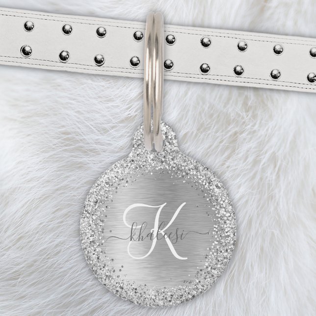 Silver Brushed Metal Glitter Monogram Name Huisdierpenning (Creator heeft geüpload)