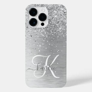 Silver Brushed Metal Glitter Monogram Name iPhone 14 Pro Max Hoesje