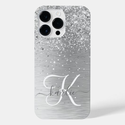 Silver Brushed Metal Glitter Monogram Name iPhone Hoesje (Achterkant)