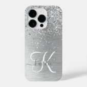 Silver Brushed Metal Glitter Monogram Name iPhone Hoesje (Achterkant)