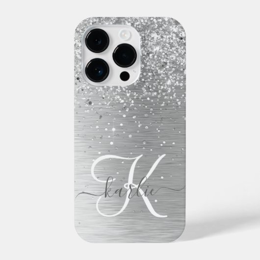 Silver Brushed Metal Glitter Monogram Name iPhone Hoesje (Achterkant)