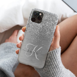 Silver Brushed Metal Glitter Monogram Name iPhone 14 Plus Hoesje