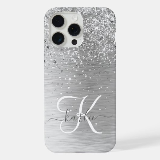 Silver Brushed Metal Glitter Monogram Name iPhone Hoesje (Achterkant)