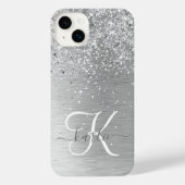 Silver Brushed Metal Glitter Monogram Name iPhone Hoesje (Achterkant)