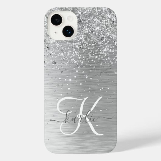 Silver Brushed Metal Glitter Monogram Name iPhone Hoesje (Achterkant)