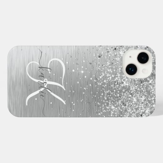 Silver Brushed Metal Glitter Monogram Name iPhone Hoesje (Achterkant horizontaal)