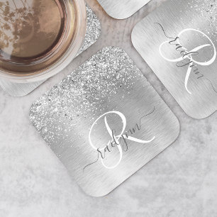 Silver Brushed Metal Glitter Monogram Name Kartonnen Onderzetters