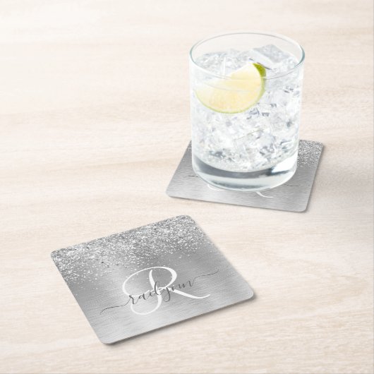 Silver Brushed Metal Glitter Monogram Name Kartonnen Onderzetters (Insitu)