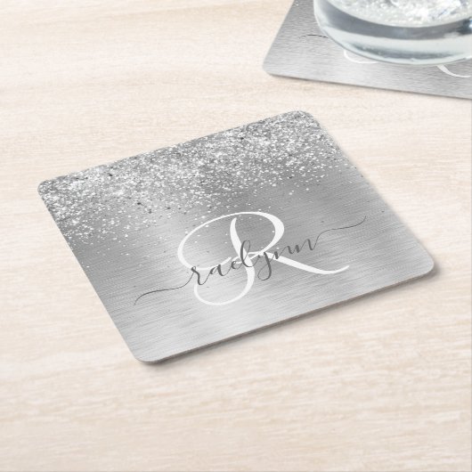 Silver Brushed Metal Glitter Monogram Name Kartonnen Onderzetters (Schuin)