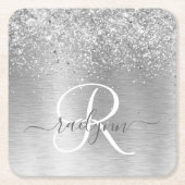 Silver Brushed Metal Glitter Monogram Name Kartonnen Onderzetters (Voorkant)