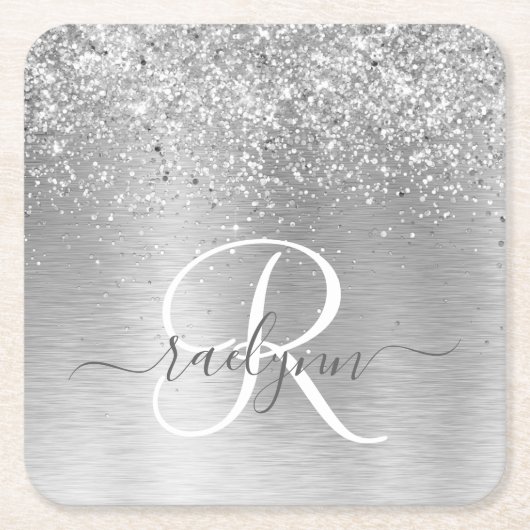 Silver Brushed Metal Glitter Monogram Name Kartonnen Onderzetters (Voorkant)