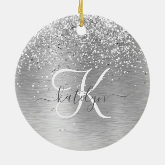 Silver Brushed Metal Glitter Monogram Name Keramisch Ornament (Achterkant)