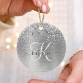 Silver Brushed Metal Glitter Monogram Name Keramisch Ornament